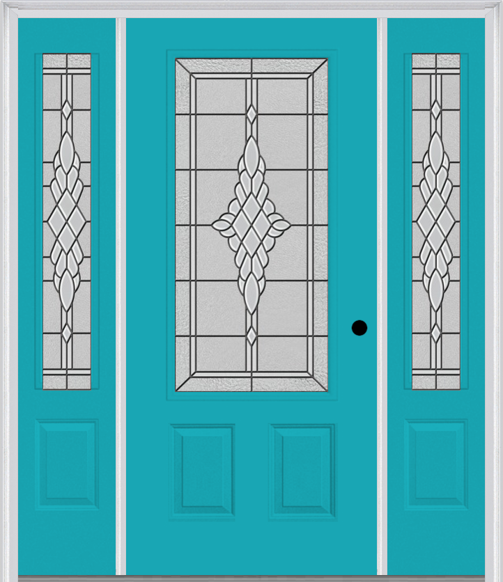 MMI 3/4 Lite 2 Panel 6'8" Fiberglass Smooth Grace Nickel Or Grace Patina Exterior Prehung Door With 2 Grace Nickel/Patina 3/4 Lite Decorative Glass Sidelights 607